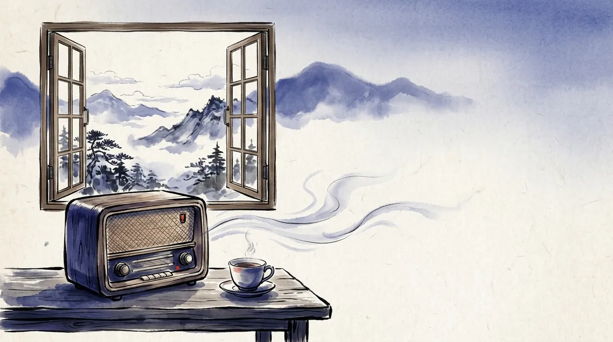 Ink-wash illustration of an old radio and a cup of tea by an open window