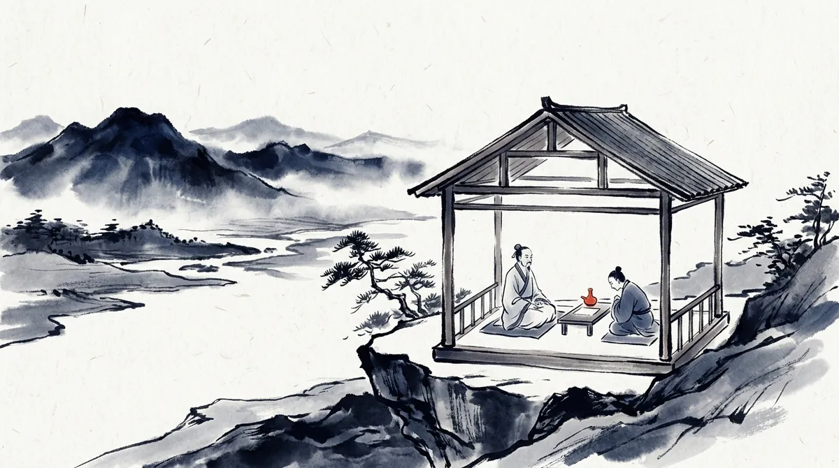 Ink-wash painting of a teacher and student seated facing each other in a mountain pavilion