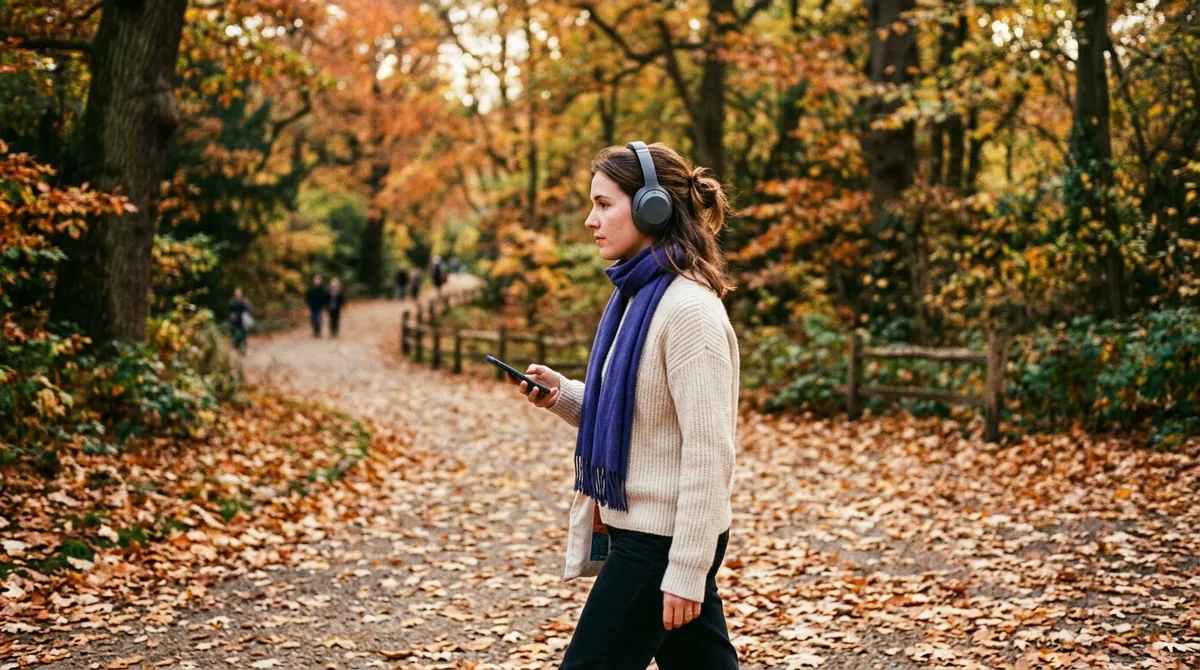 A woman walking through an autumn park with headphones on, listening to an audio lesson on her phone
