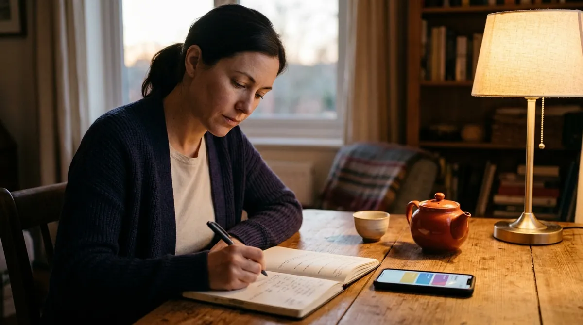 An adult learner writing in a notebook at a wooden table in the evening, with a phone, a teapot and a lamp beside her