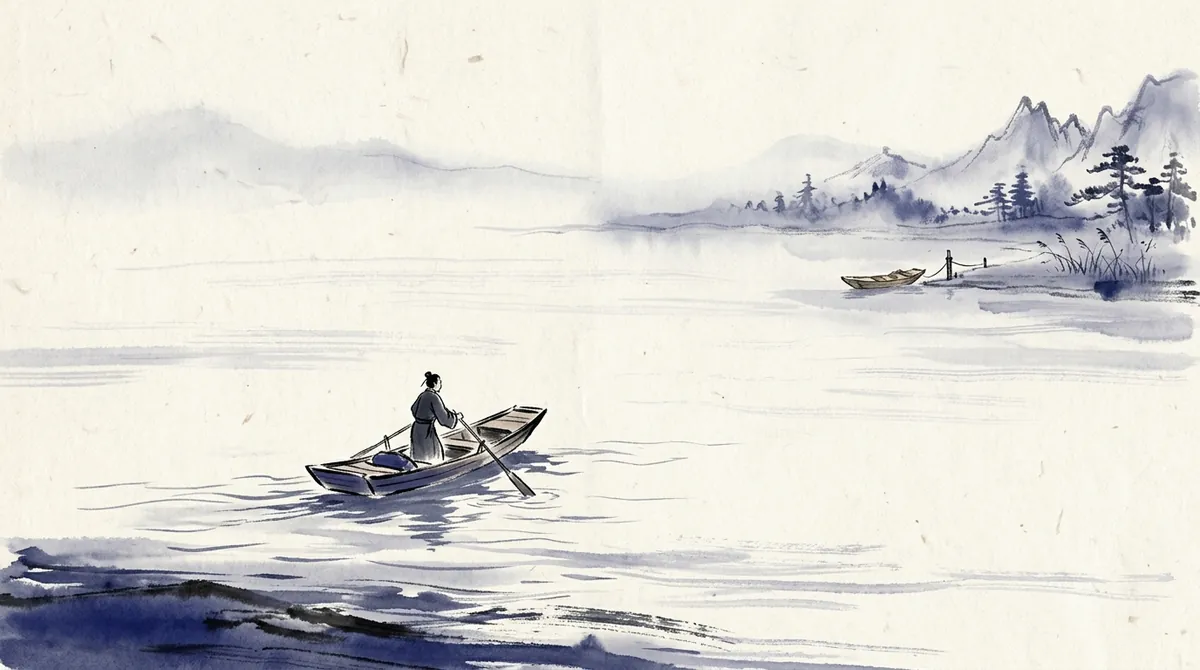 Ink-wash painting of a single figure rowing a small boat across a wide calm river towards a far shore where another boat waits
