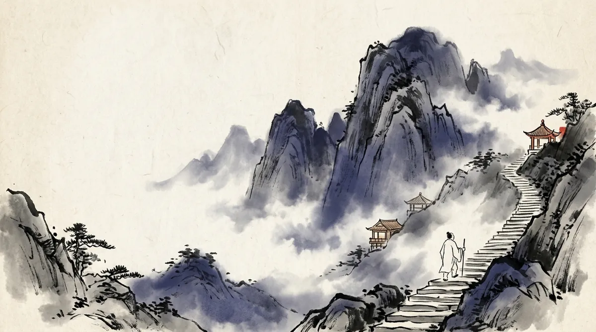 Ink-wash painting of a lone walker with a staff climbing stone steps up a misty mountain, with pavilions marking the way