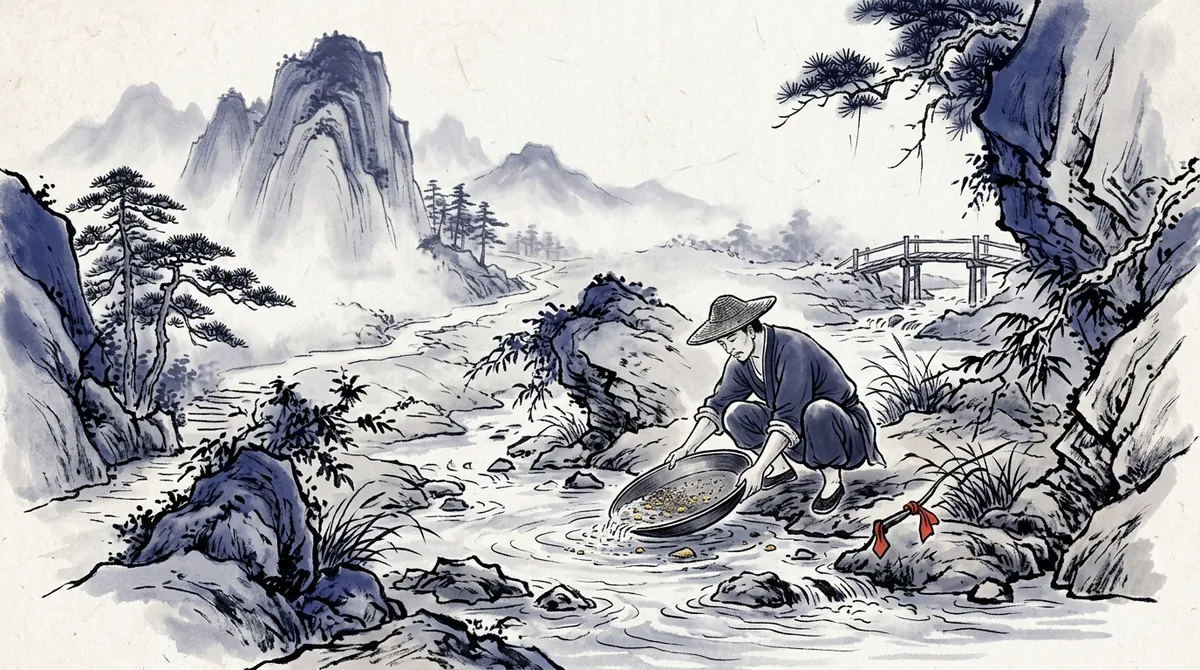Ink-wash painting of a figure panning for gold in a mountain stream