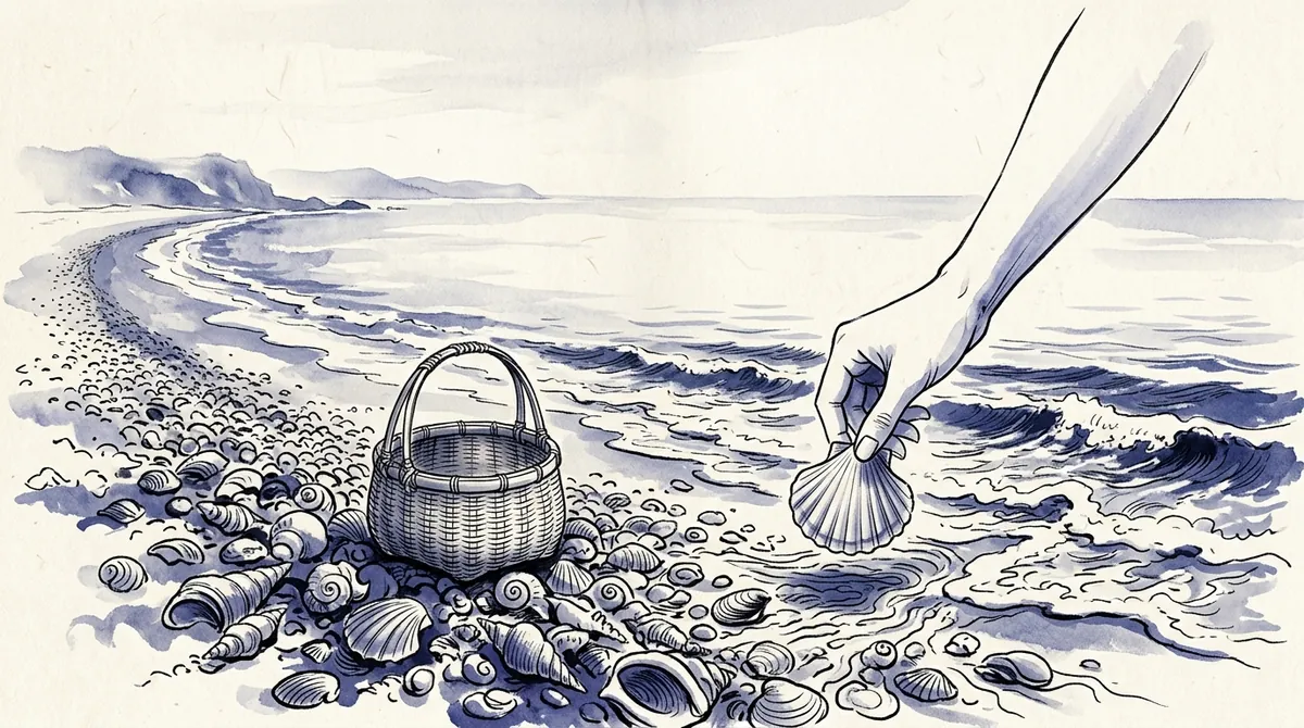 Ink-wash illustration of a hand picking one shell from a beach covered in shells