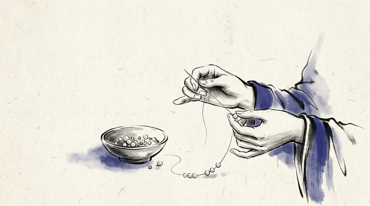 Ink-wash illustration of hands threading pearls onto a string from a small bowl