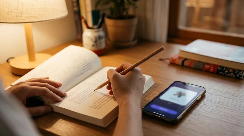 A learner underlining a sentence in a Chinese book with a pencil, a phone flashcard beside the book