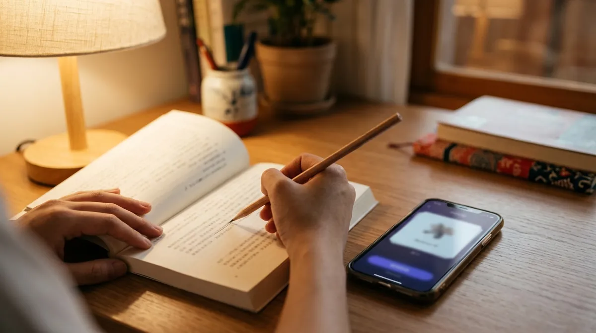 A learner underlining a sentence in a Chinese book with a pencil, a phone flashcard beside the book