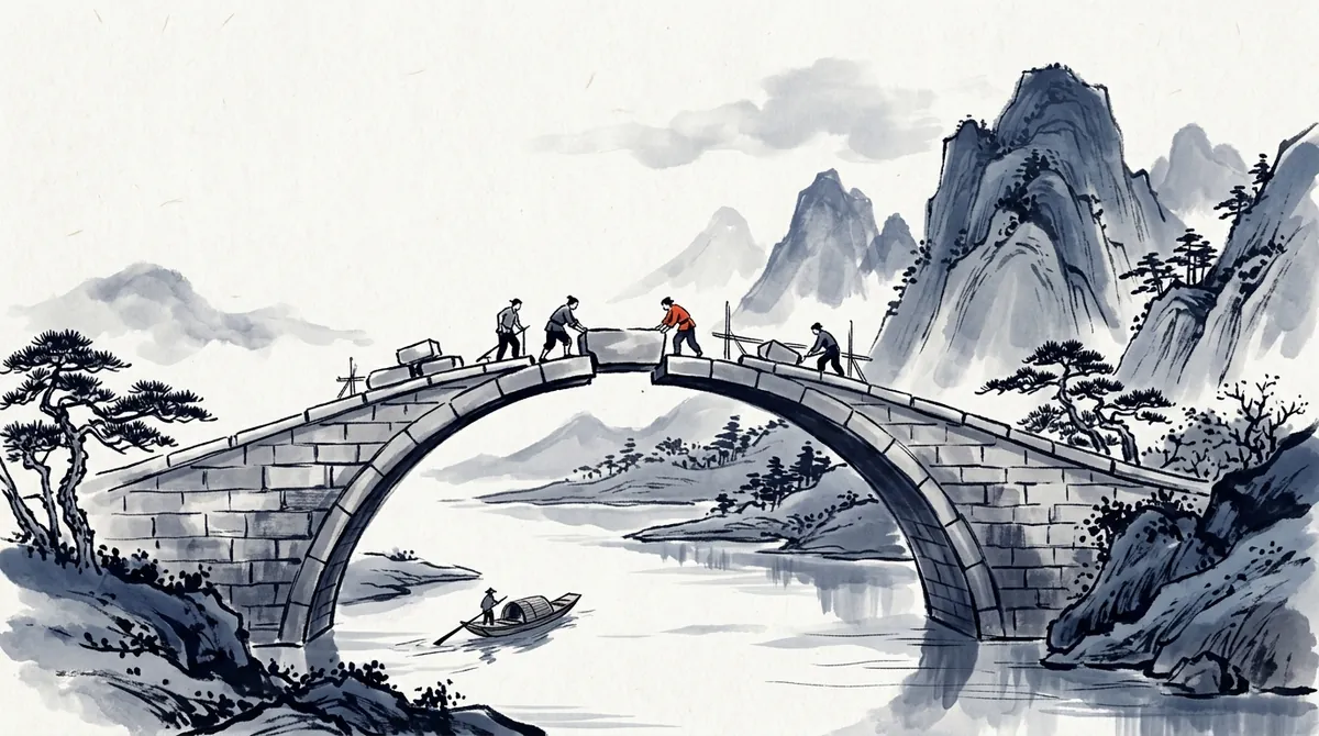 Ink-wash painting of workers placing the final stones of an arched bridge