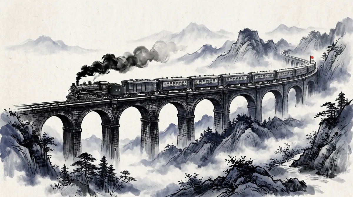 Ink-wash painting of a steam train of linked carriages crossing a viaduct