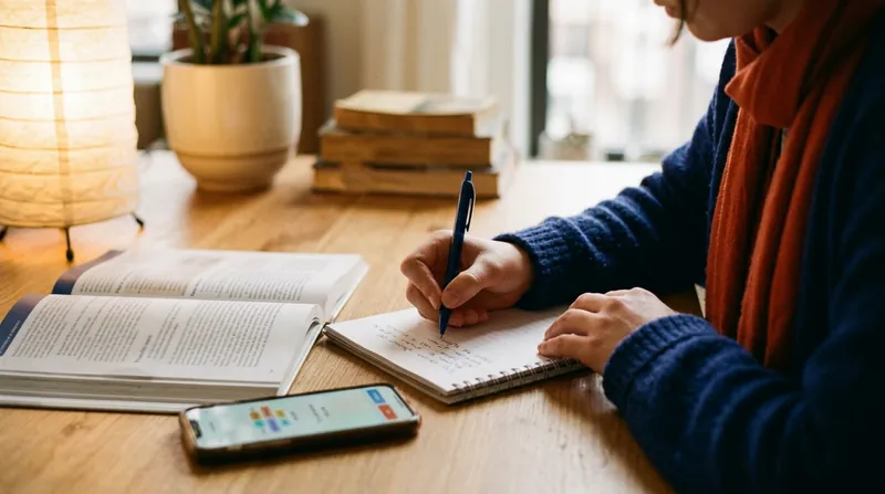 A learner writing sentences in a notebook beside an open textbook and a phone