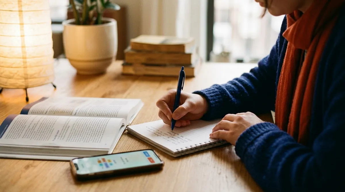 A learner writing sentences in a notebook beside an open textbook and a phone