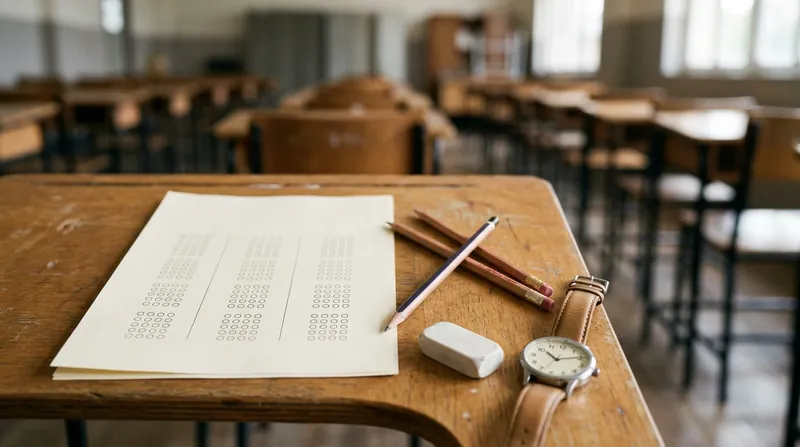 An exam desk with a blank multiple-choice answer sheet, pencils, an eraser and a wristwatch