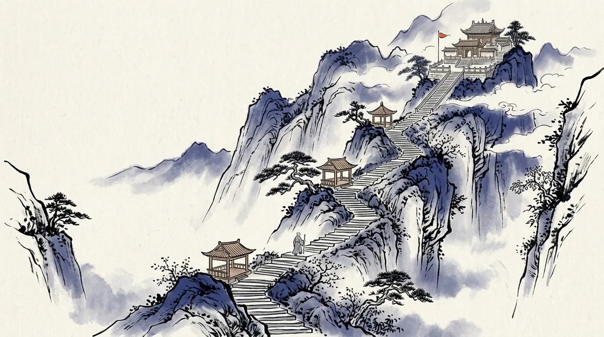 Ink-wash painting of stone steps climbing a mountain in stages, with pavilions along the way and a temple at the top