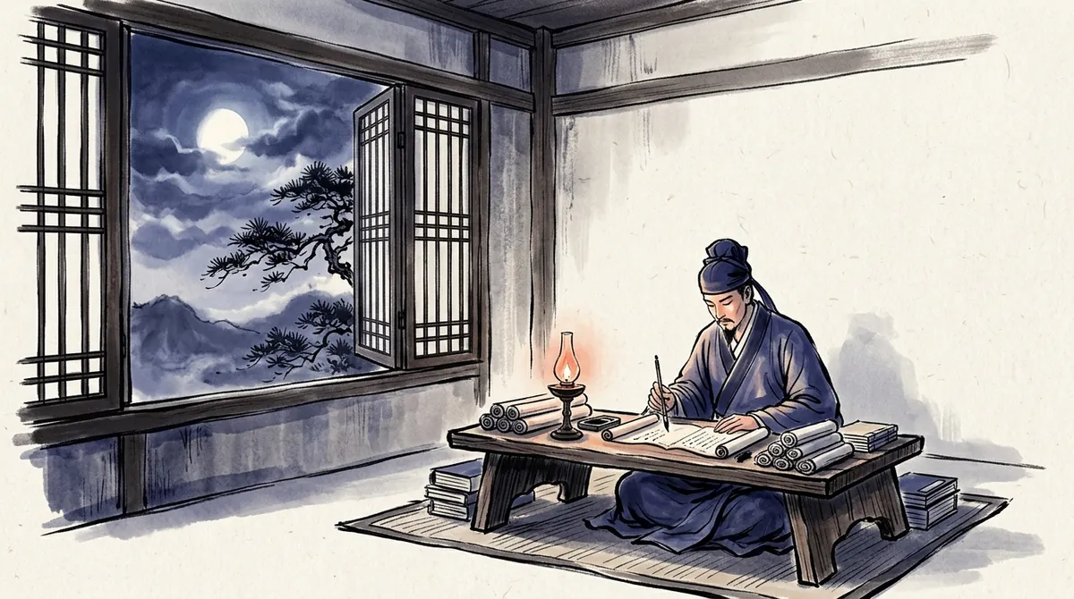 Ink-wash painting of a scholar studying at a low desk by lamplight, with the moon outside the window