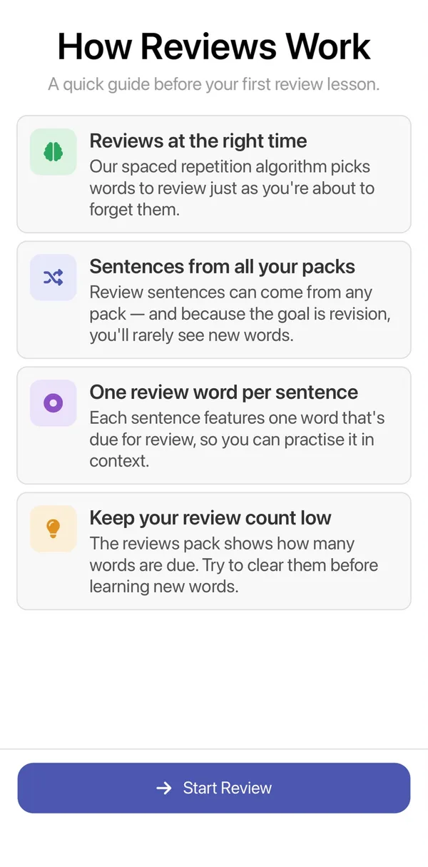 The How Reviews Work screen explaining that reviews come at the right time, from all your packs, with one review word per sentence