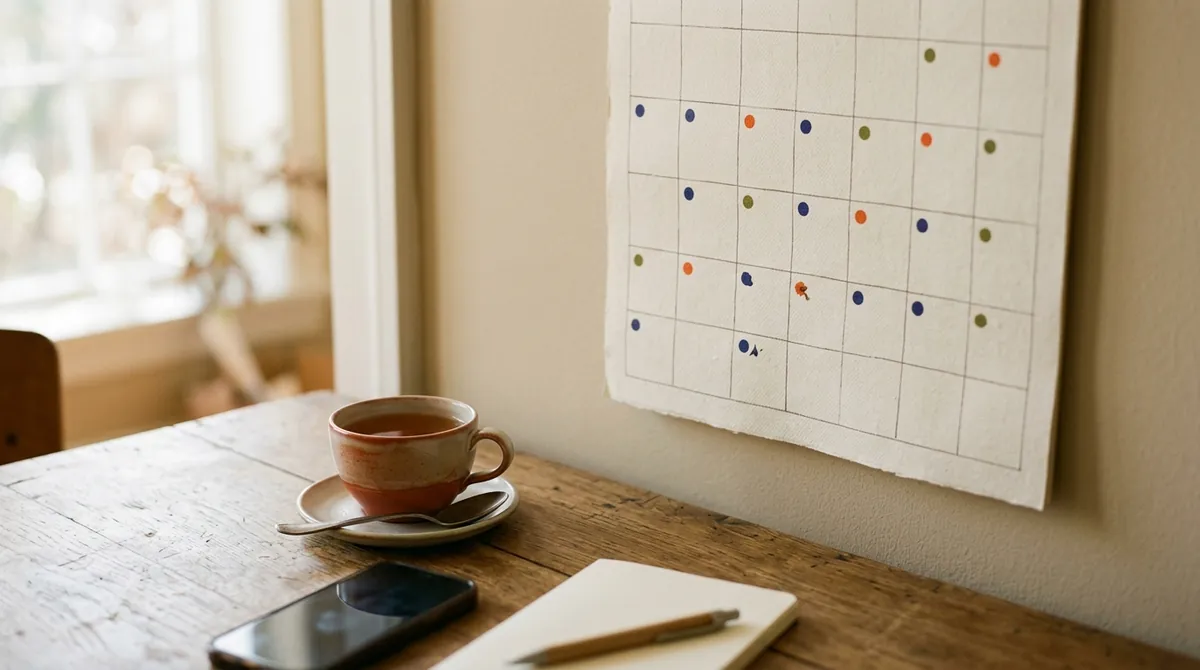 A wall calendar dotted with review days at widening intervals, above a desk with tea and a phone