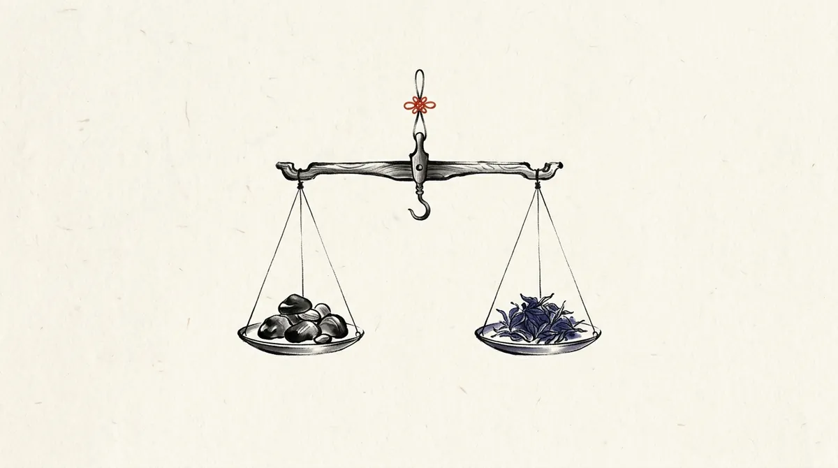 Ink-wash painting of a balance scale hanging level, with stones in one pan and tea leaves in the other