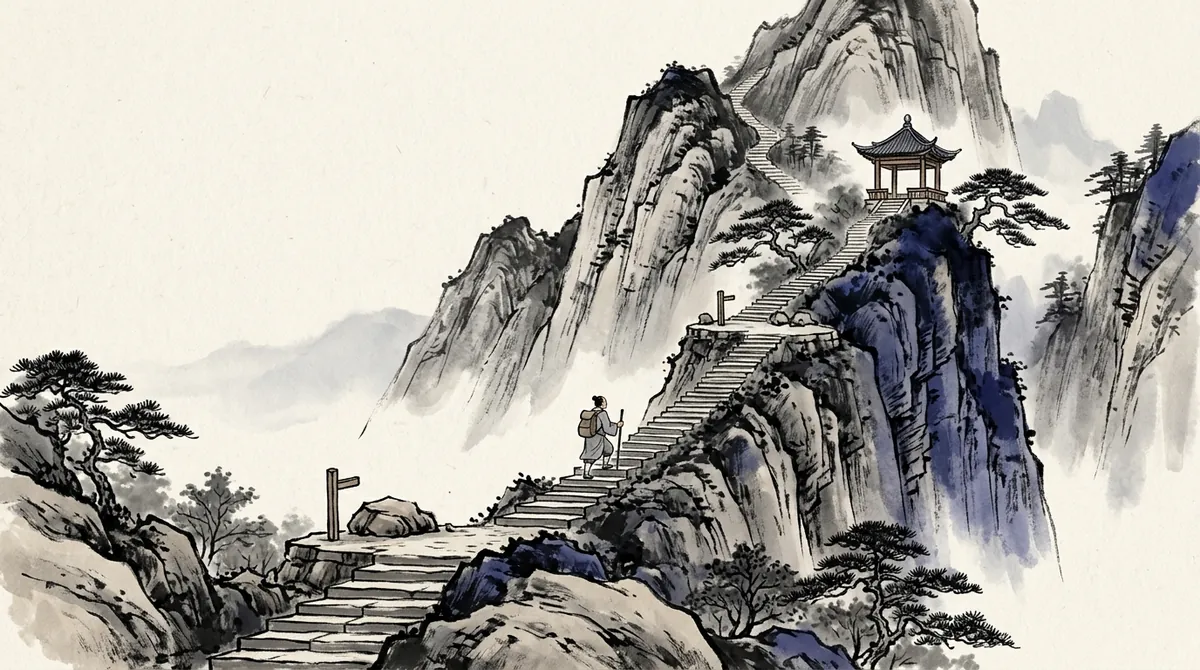 Ink-wash painting of a climber on long flights of stone steps rising up a mountain towards a pavilion
