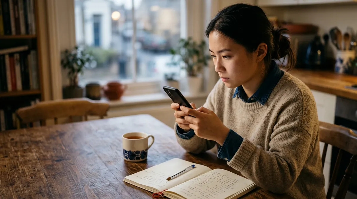 A learner at a wooden kitchen table studying a phone app with a concentrated expression, with a cup of tea and an open notebook beside them