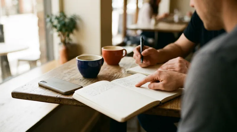 Two people at a cafe table during a language exchange, one pointing to a line in an open notebook