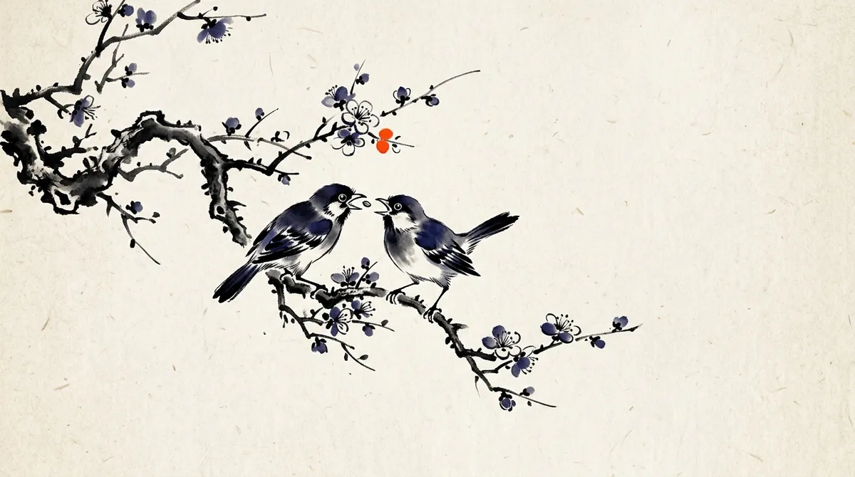 Ink-wash painting of two small birds on a plum branch, one passing a seed to the other
