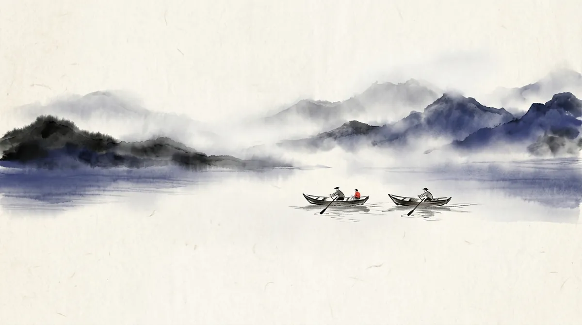 Ink-wash painting of two small boats rowing side by side across a misty lake