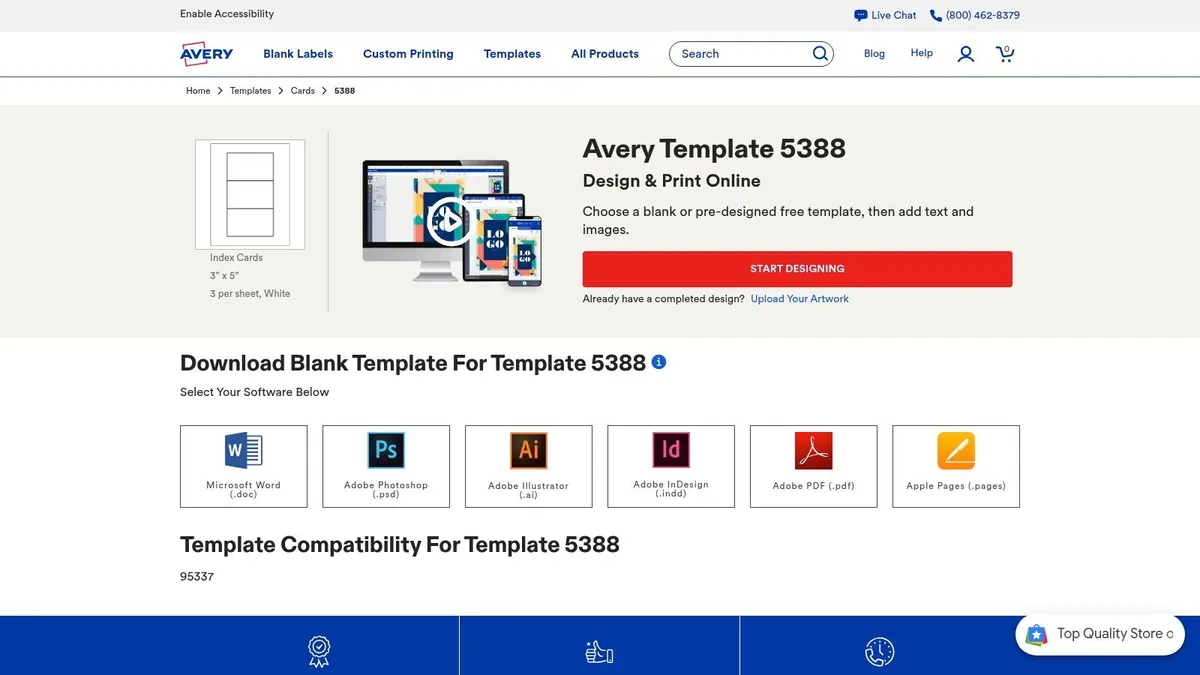 Avery Template 5388 index card template page with download options