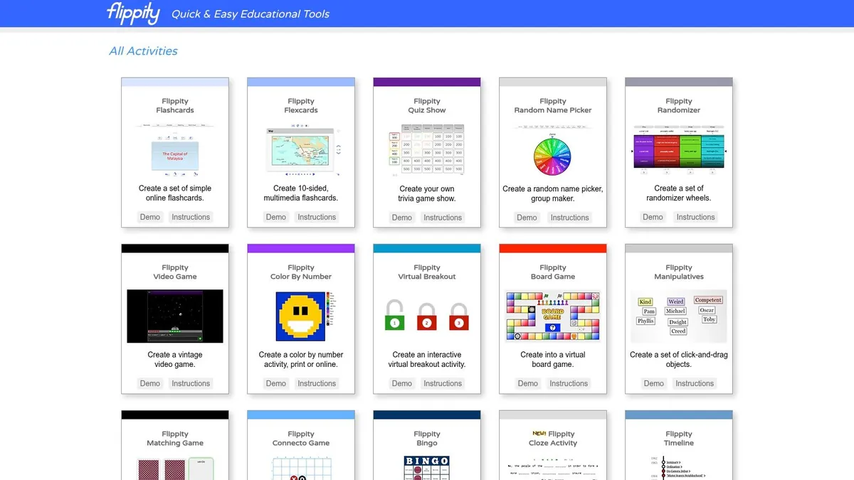 Flippity's list of free educational activity templates, including flashcards
