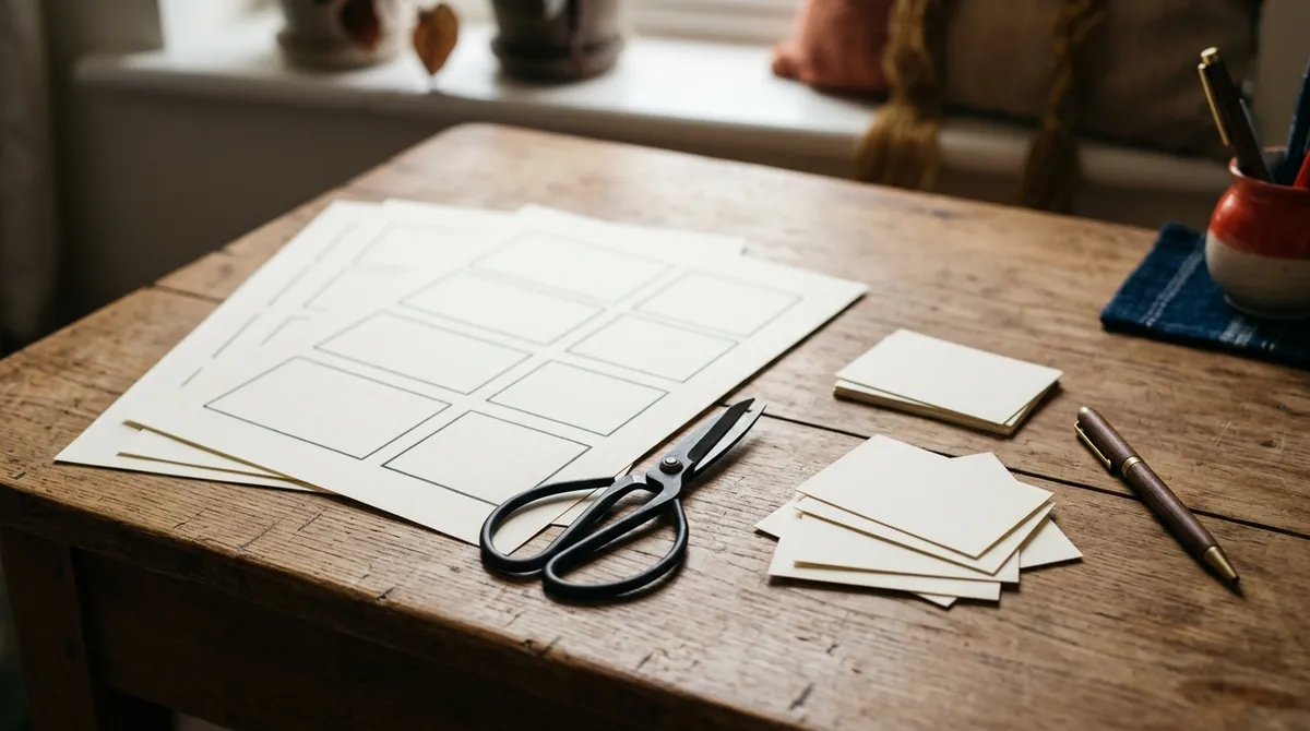 Printed flashcard templates, scissors and cut-out blank cards on a wooden desk