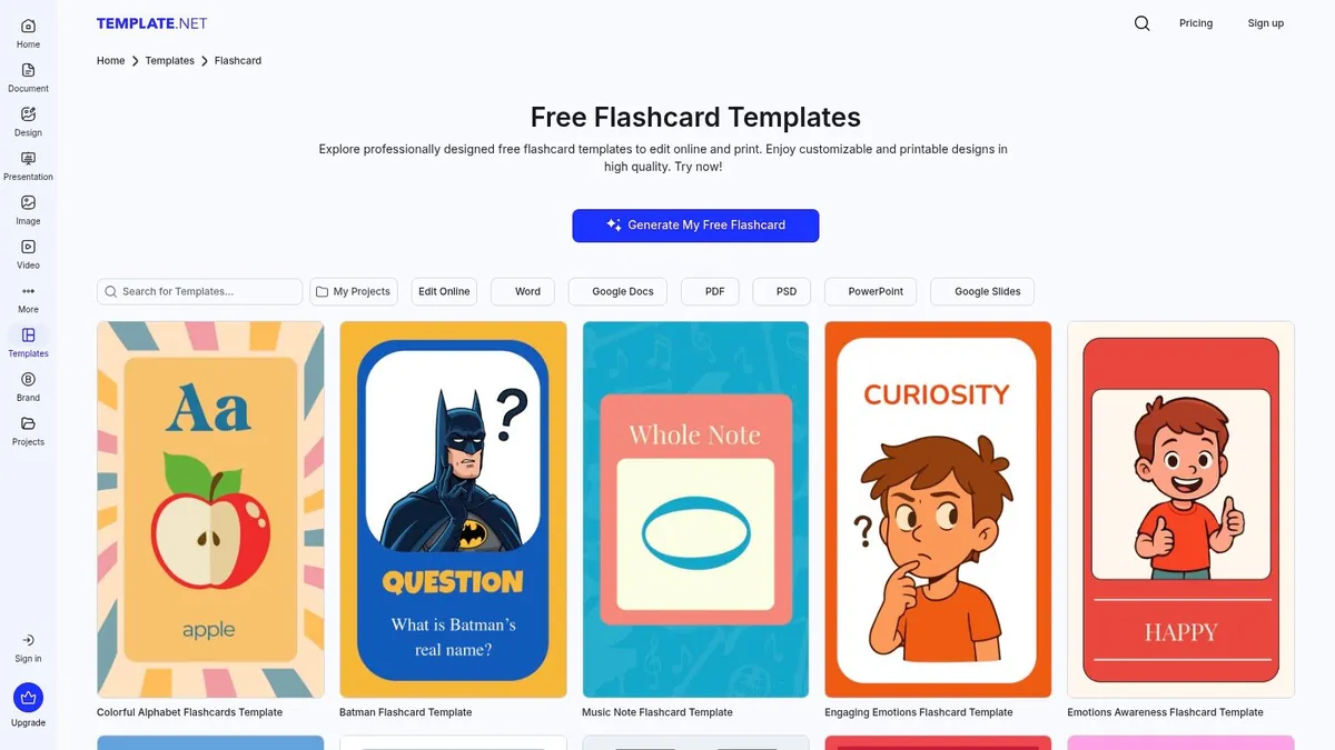 Template.net free flashcard templates