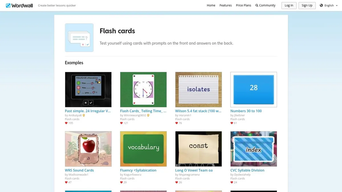 Wordwall flash cards template page with example card sets