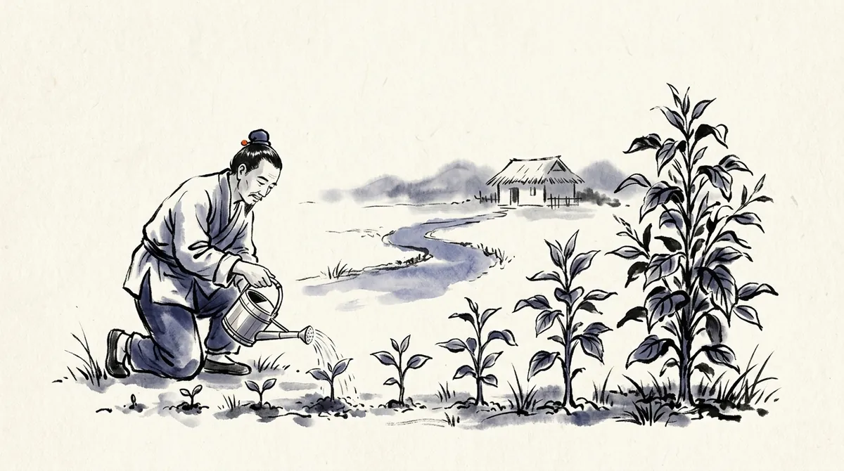 Ink-wash painting of a gardener watering a row of plants that grow taller from left to right