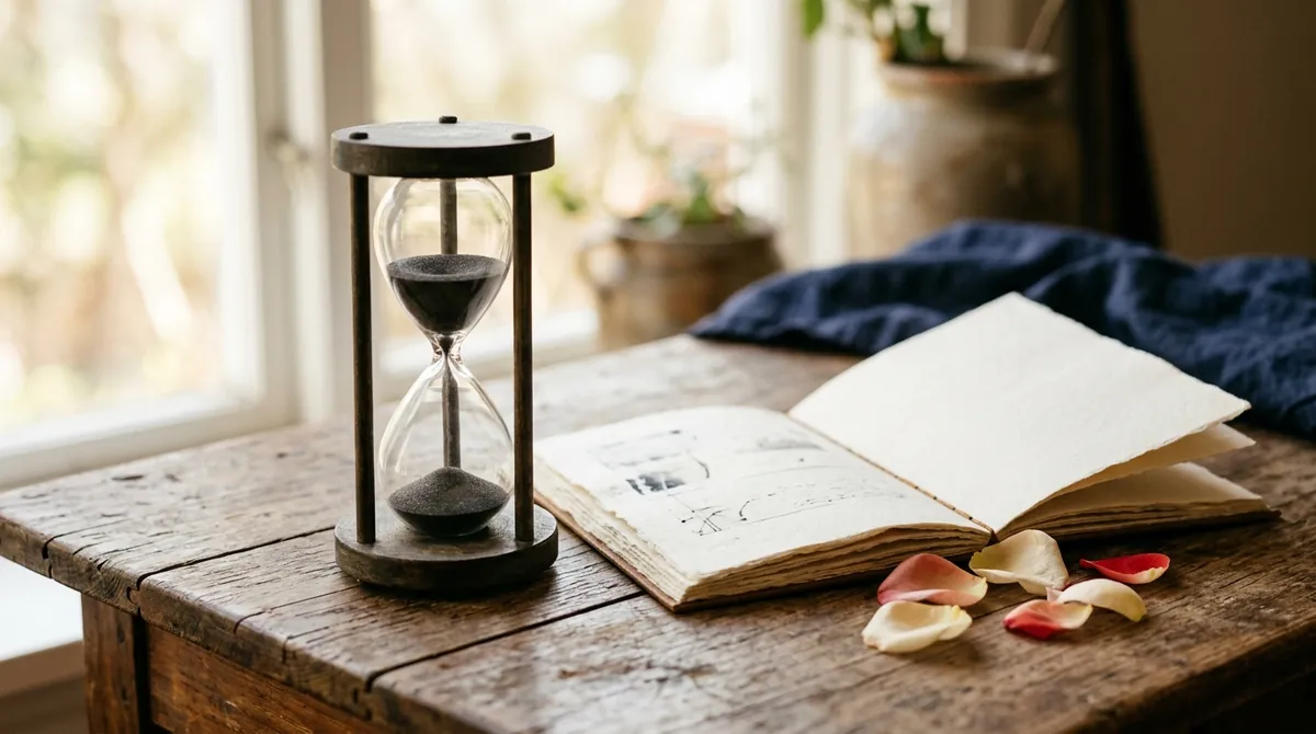 An hourglass on a wooden desk beside an open notebook and a few fallen petals