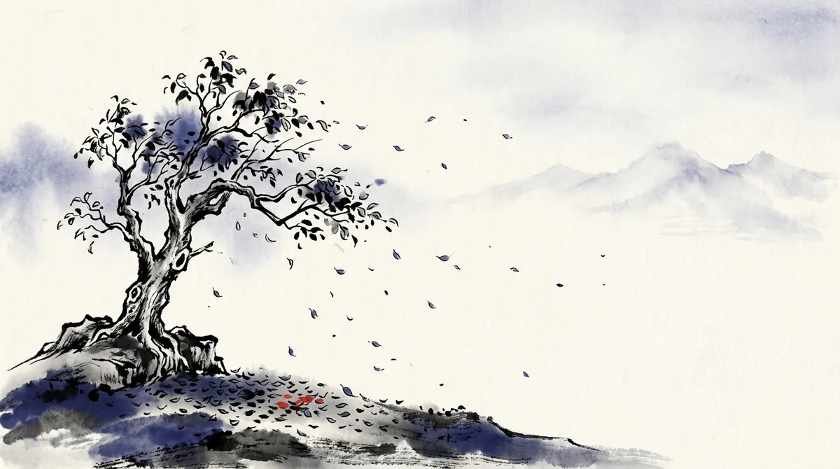 Ink-wash painting of a tree in autumn with leaves drifting down to the ground