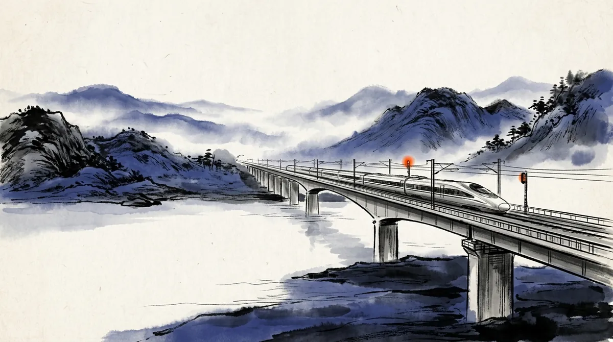Ink-wash painting of a high-speed train crossing a long bridge over a misty river
