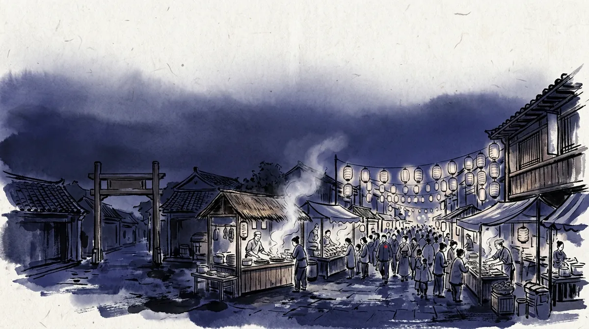 Ink-wash illustration of a busy lantern-lit night market street with food stalls