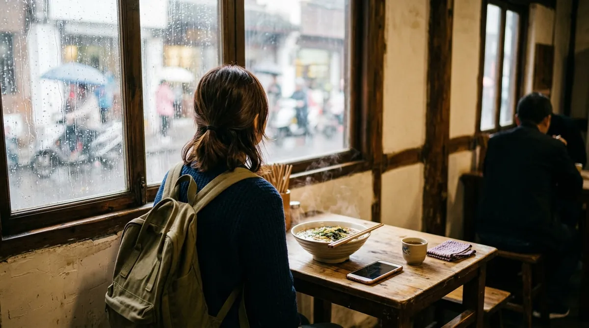 A traveller with a backpack in a small noodle shop with a bowl of noodles, looking out at a rainy street