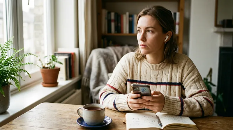 A learner wearing earbuds listens to a Mandarin pronunciation lesson on her phone, with tea and a notebook on the table