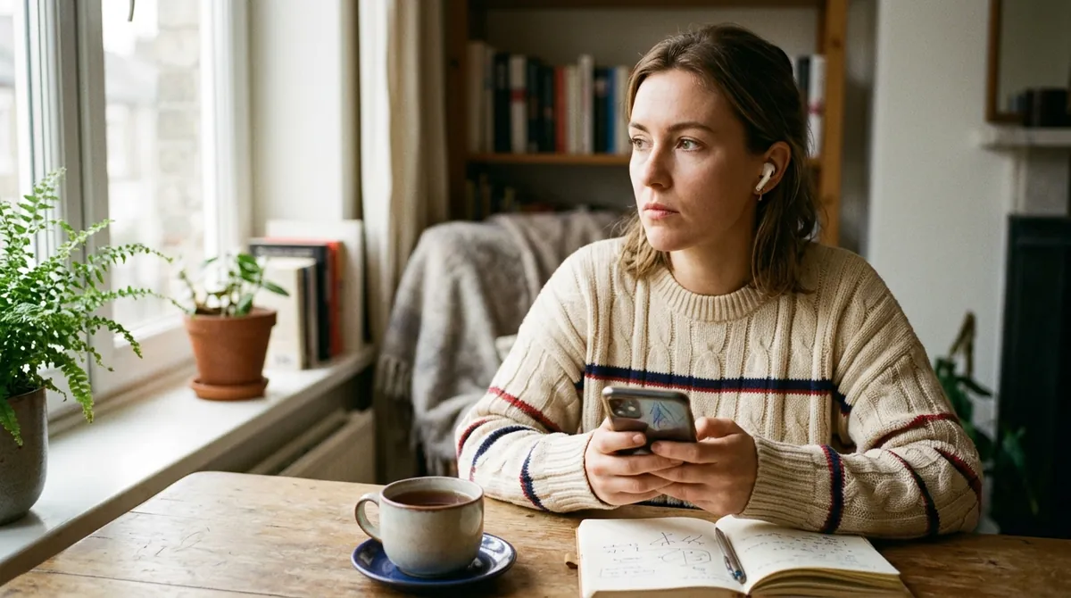 A learner wearing earbuds listens to a Mandarin pronunciation lesson on her phone, with tea and a notebook on the table