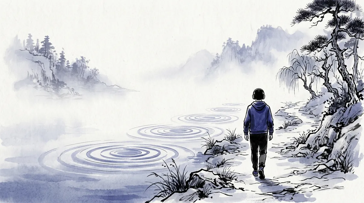 Ink-wash painting of a person wearing headphones walking along a misty riverside path, with ripples spreading on the water