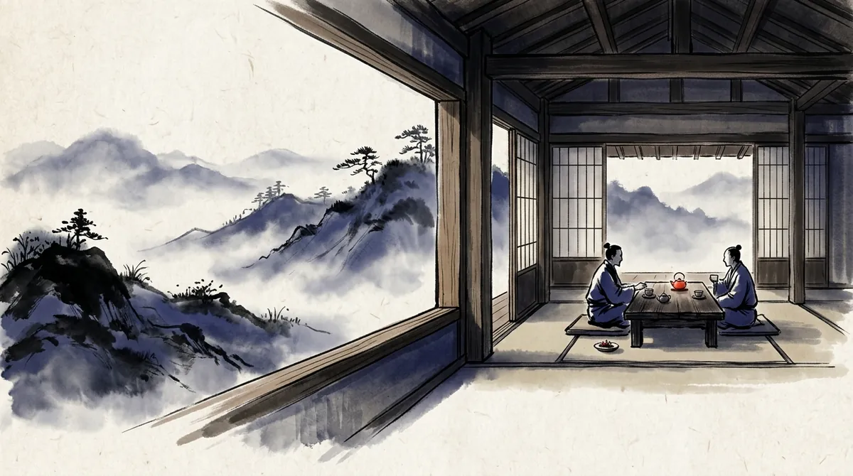 Ink-wash painting of two people sharing tea in a traditional teahouse overlooking misty hills