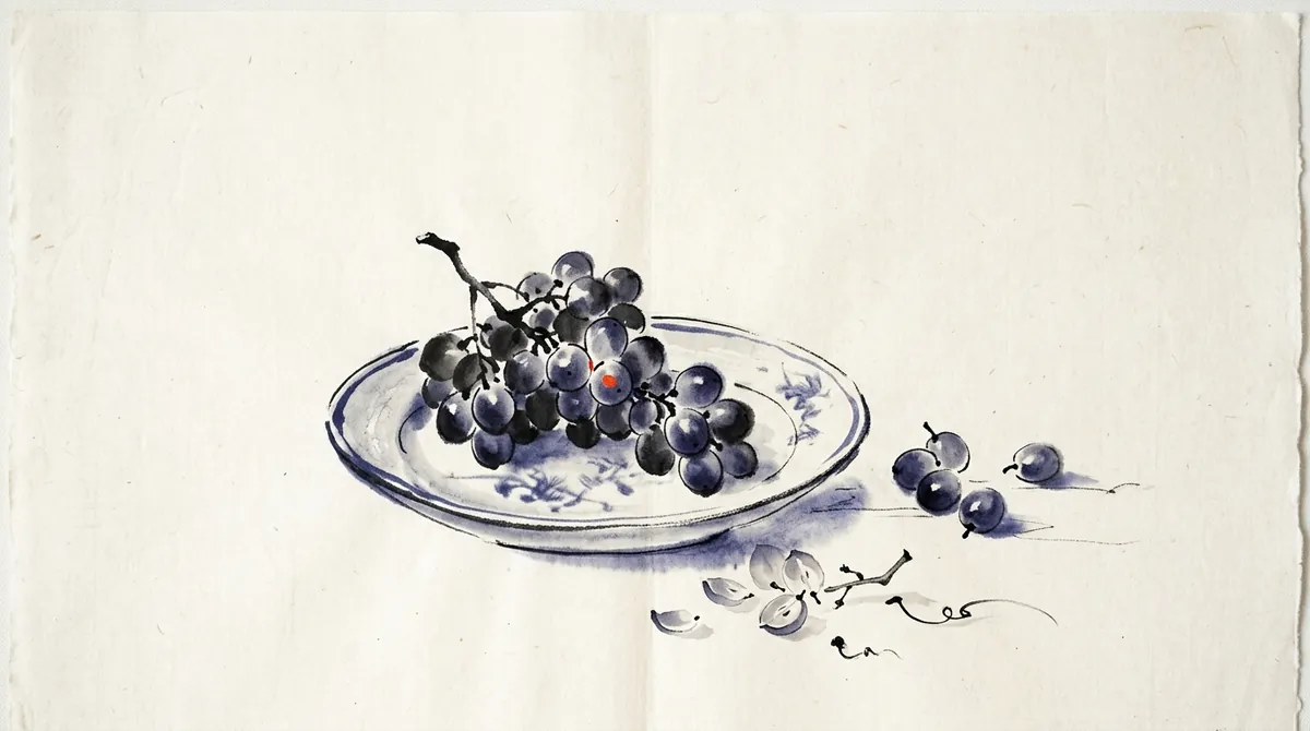 Ink-wash illustration of a plate of grapes with a few grape skins, as in 吃葡萄不吐葡萄皮