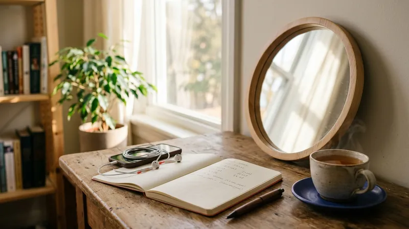 A mirror, notebook, pen, phone with earphones and a cup of tea set up on a desk for pronunciation practice