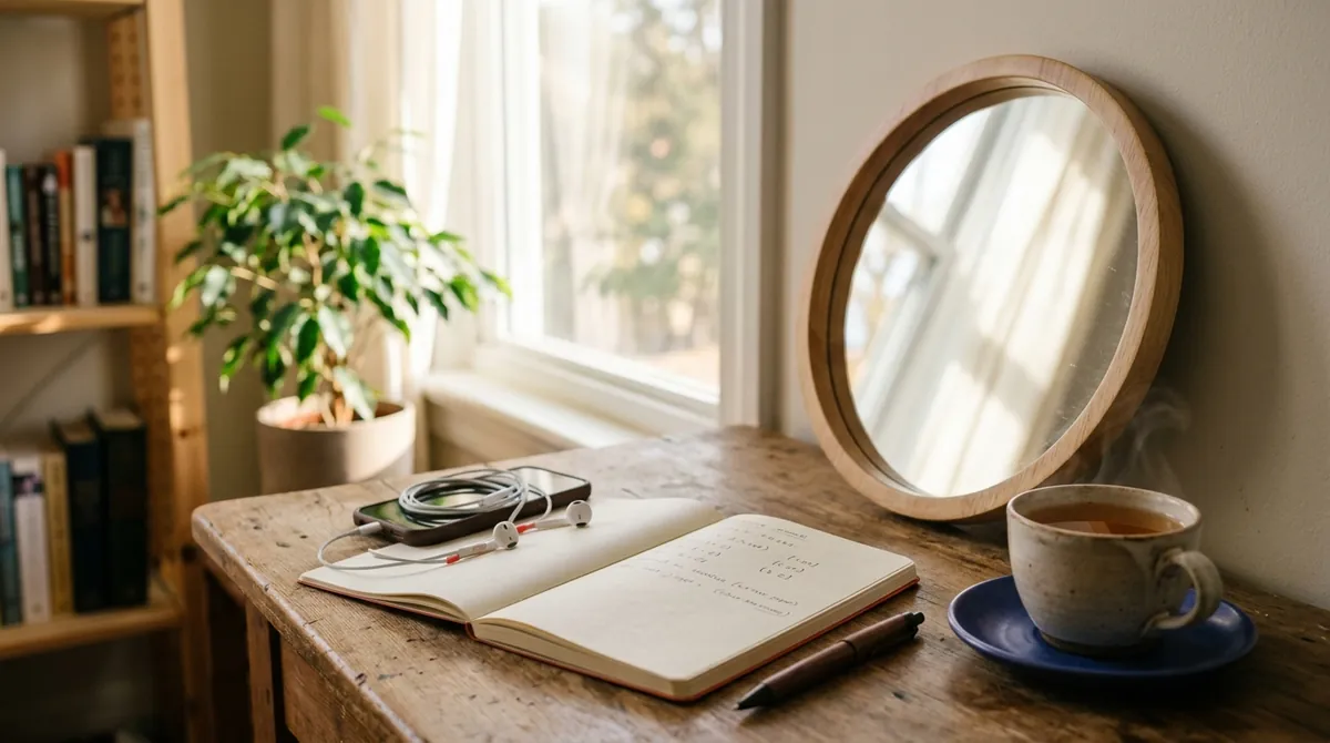 A mirror, notebook, pen, phone with earphones and a cup of tea set up on a desk for pronunciation practice