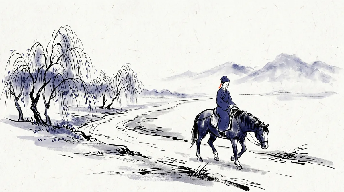 Ink-wash painting of a woman riding a slow horse along a willow-lined path, as in the tongue twister 妈妈骑马