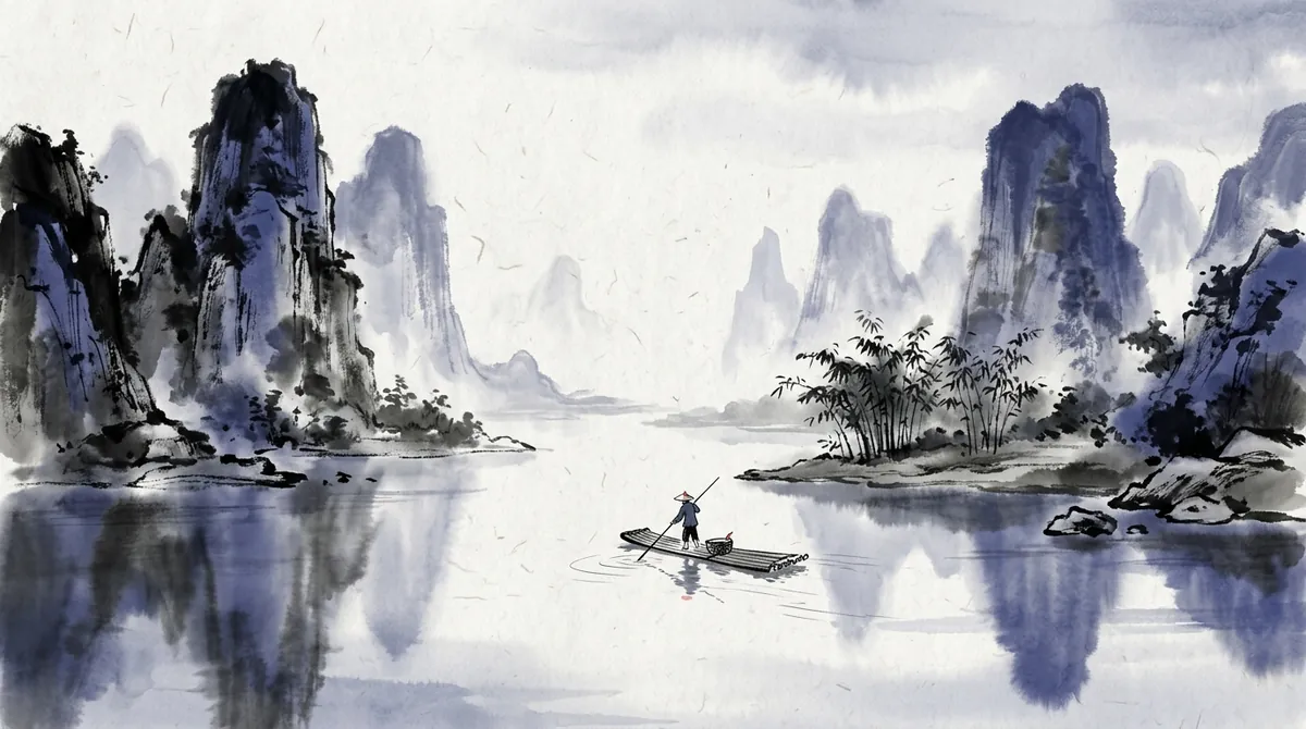 Ink-wash painting of a bamboo raft on the Li River among karst peaks