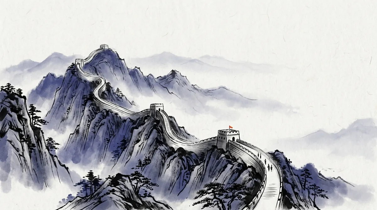 Ink-wash painting of the Great Wall winding over mountain ridges