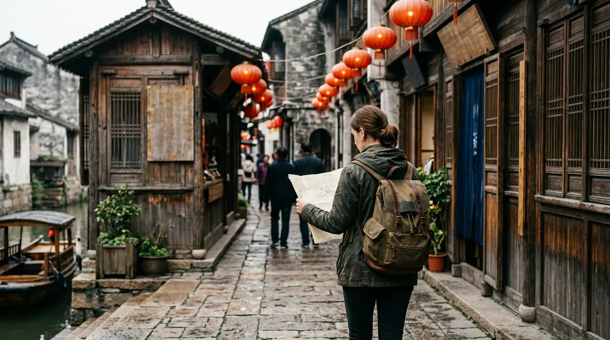 A traveller with a backpack reading a paper map in a stone-paved Chinese water town street