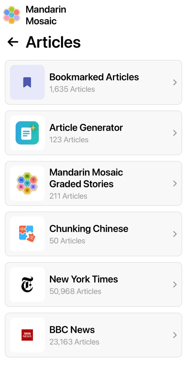 The Articles screen listing collections such as Bookmarked Articles, Article Generator, Mandarin Mosaic Graded Stories, Chunking Chinese, New York Times and BBC News