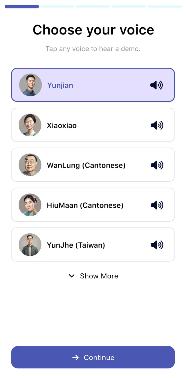 The Choose your voice screen listing voices including Yunjian, Xiaoxiao, WanLung (Cantonese), HiuMaan (Cantonese) and YunJhe (Taiwan)